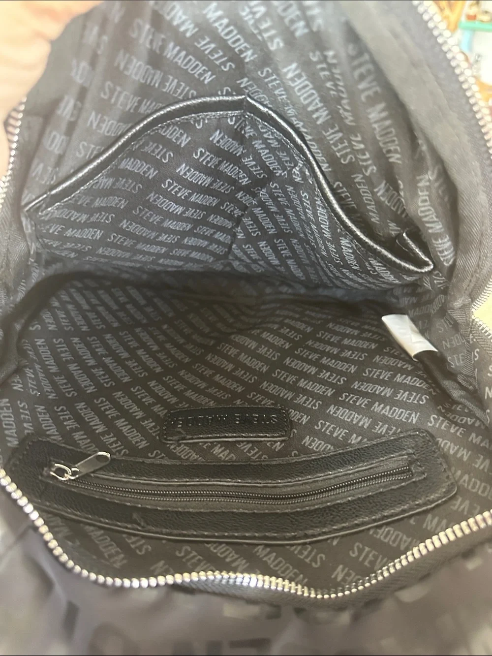 Steve Madden Black Logo Print Backpack with Silver Hardware